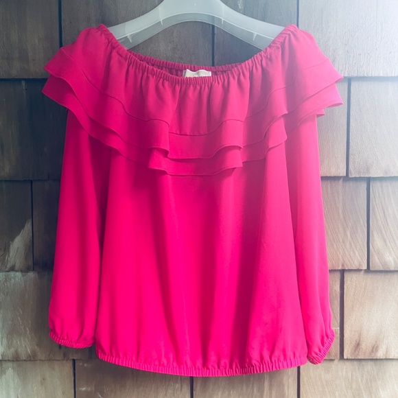 MICHAEL Michael Kors Solid Ruffle Peasant Top, Deep Pink, Long Sleeve Blouse M - Picture 5 of 15